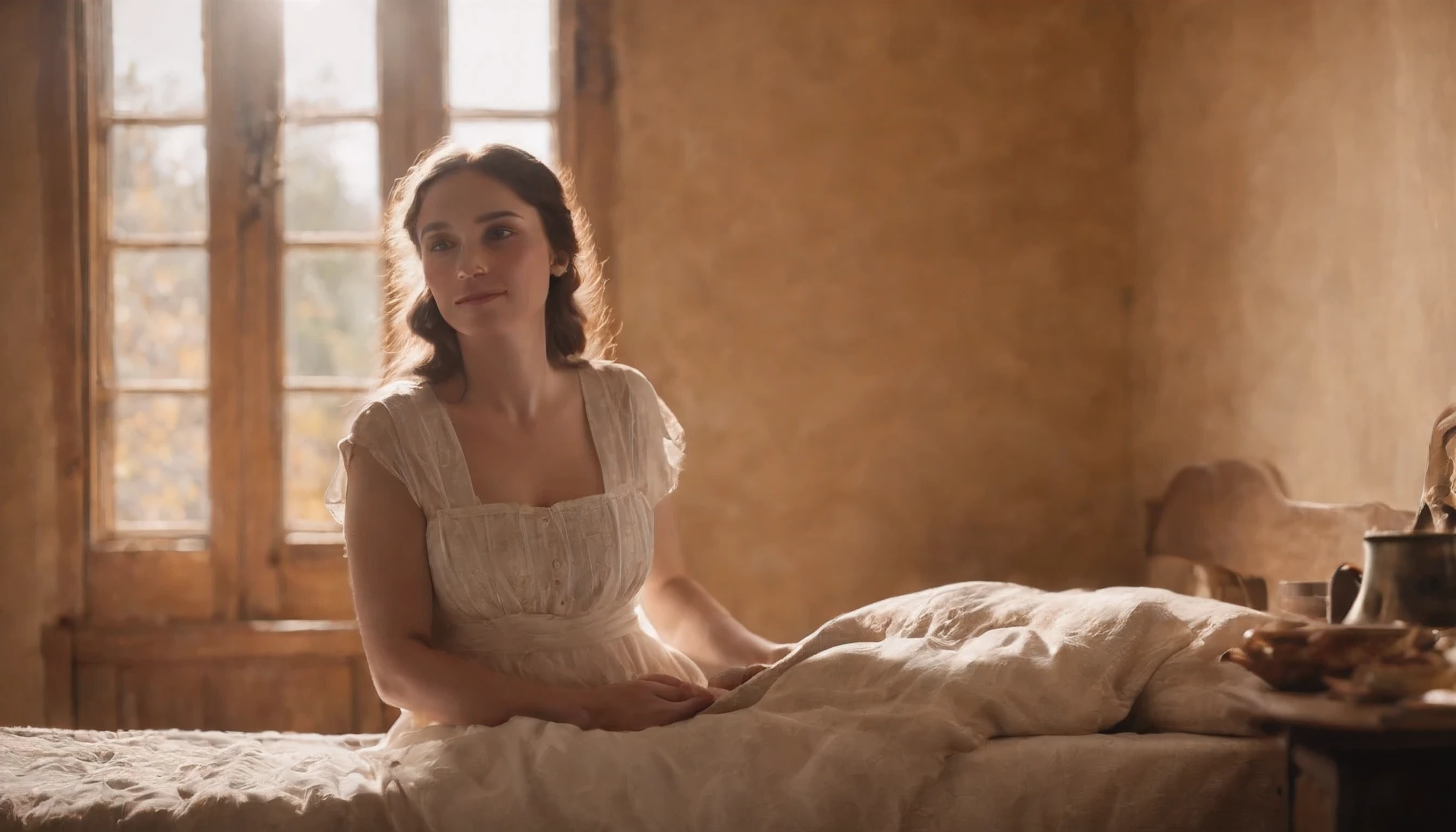 I awake in my small but cozy bed in the village of Reed. Sunlight streams in through the window of my modest home as I rise, stretching my arms with a yawn. I'm Jlah Drofloh, a young peasant woman living a simple life here. I get dressed for the day, putting on my roughspun dress and apron along with simple leather shoes.