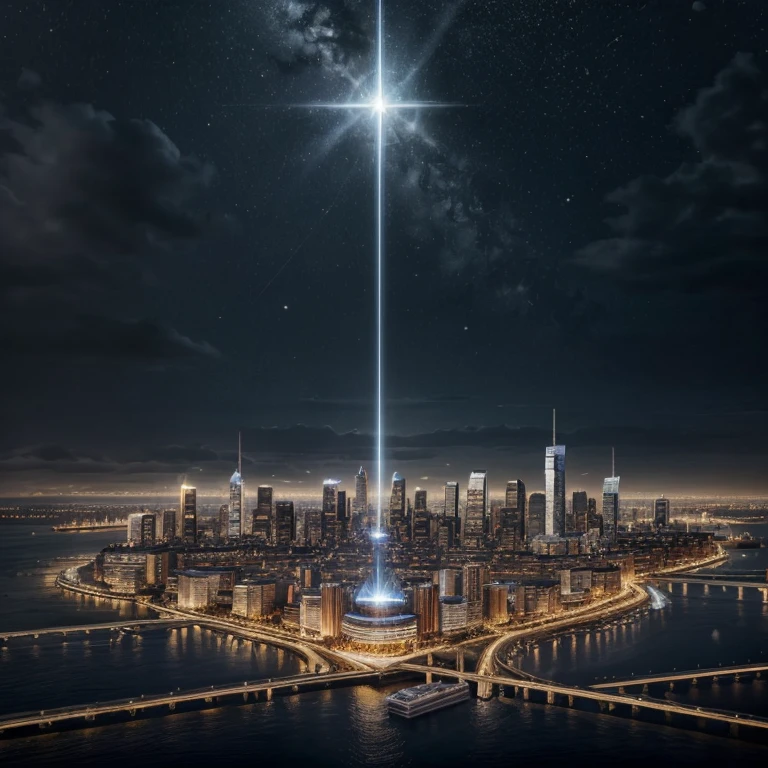master piece, best quality, 8k, ultra-detailed, realistic,
professional lighting, realistic shadow, fine details, Golden ratio, high detail, Photorealism,
night, night view, beautiful light up,
town by the sea, multiple skyscrapers, future,
Stylish, beautiful starry sky, beautiful planet in the sky,
A pillar of pale light is falling from the sky in the center of the city,
originality