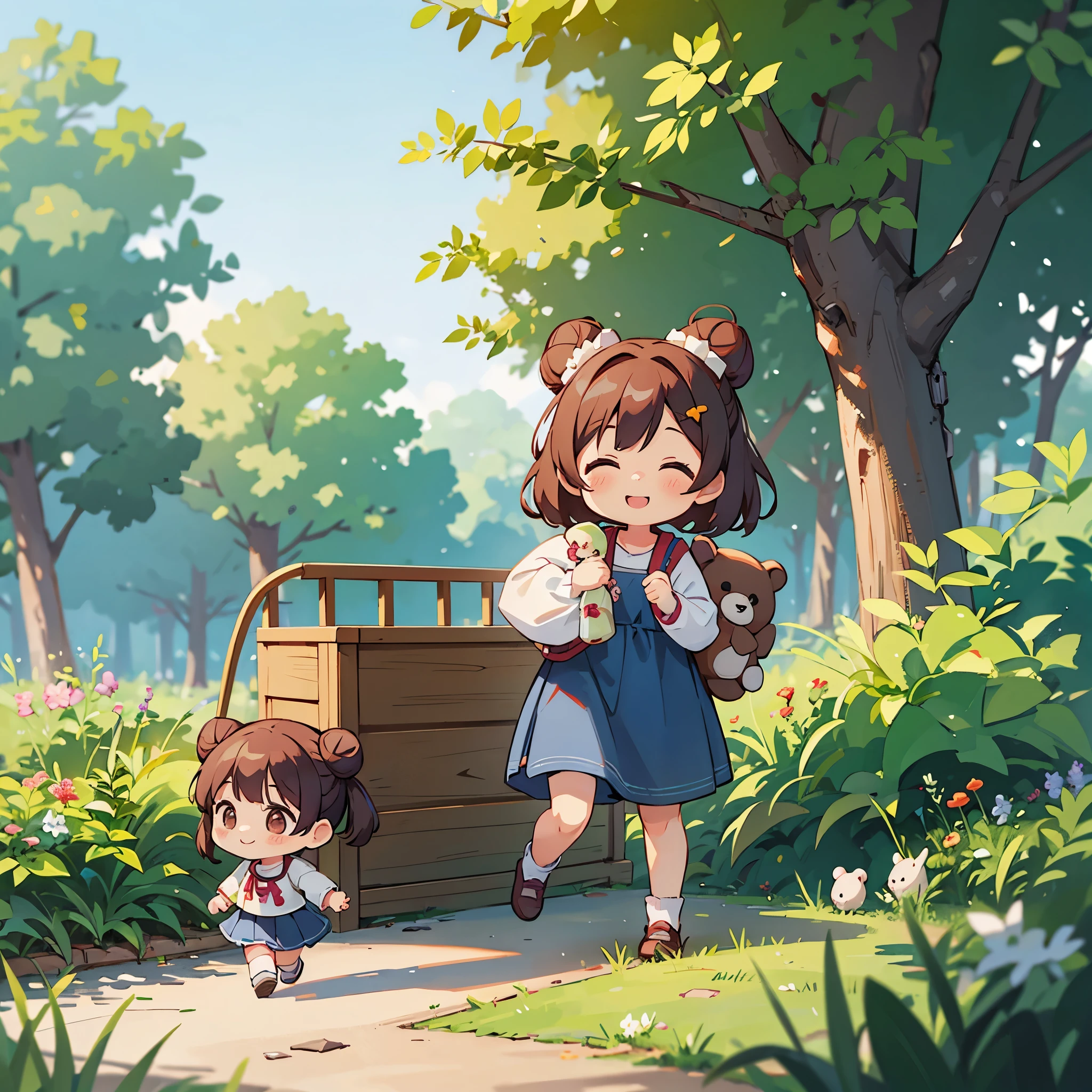 Photoreal、octane render、Morning park、Chibi girl walking with a stuffed bear、girl has bun hair、smile