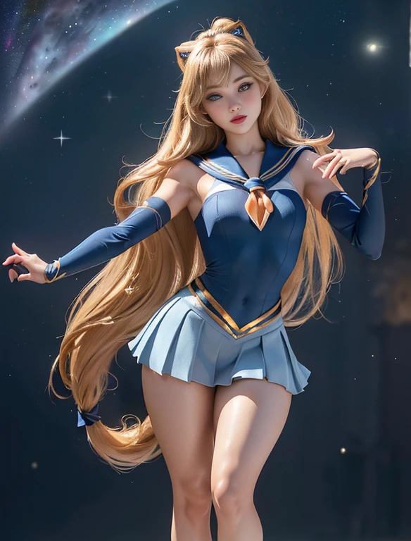 (Extreme detail CG Unity 8K wallpaper, masterpiece, highest quality), (exquisite lighting and shadow, highly dramatic picture, cinematic lens effect), (Sailor Moon: 1.1), charming smile, double tail, blue eyes, blond hair, tight top, white gloves, mini skirt, dynamic pose), the background is the universe (excellent detail, excellent lighting, wide angle), (excellent rendering, enough to stand out in its class),