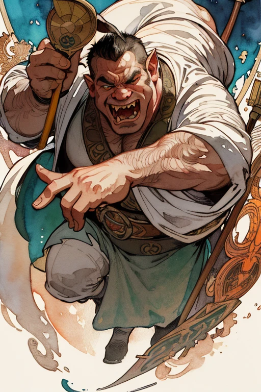 (Best Photo), (Watercolor), ((Matte)), (by Mucha), (Thick Outline), Flowing Lines, (High Resolution, Super Detail), a male Orc, corpulent, opulent, cruel, pig ears, pig nose, sinister eyes, fangs coming out of the mouth, carrying a club in his hand, Dutch angle