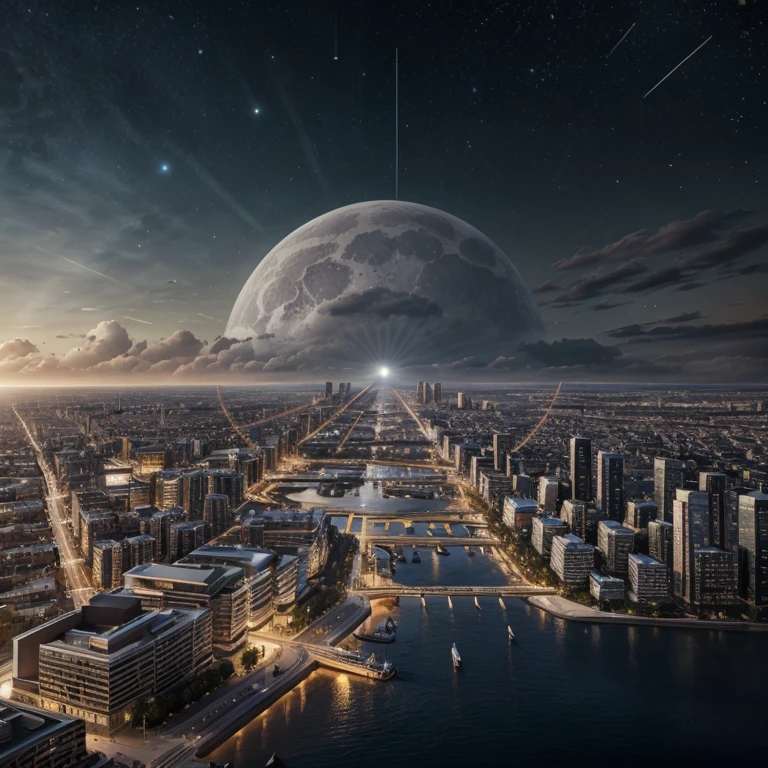 master piece, best quality, 8k, ultra-detailed, realistic,
professional lighting, realistic shadow, fine details, Golden ratio, high detail, Photorealism,
night, night view, beautiful light up,
town by the sea, multiple skyscrapers, future, 
Stylish,  beautiful starry sky, beautiful planet in the sky, 
A pillar of pale light is falling from the sky in the center of the city,
originality