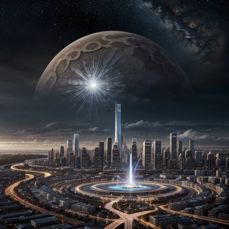 master piece, best quality, 8k, ultra-detailed, realistic,
professional lighting, realistic shadow, fine details, Golden ratio, high detail, Photorealism,
night, night view, beautiful light up,
town by the sea, multiple skyscrapers, future,
Stylish, beautiful starry sky, beautiful planet in the sky,
A pillar of pale light is falling from the sky in the center of the city,
originality