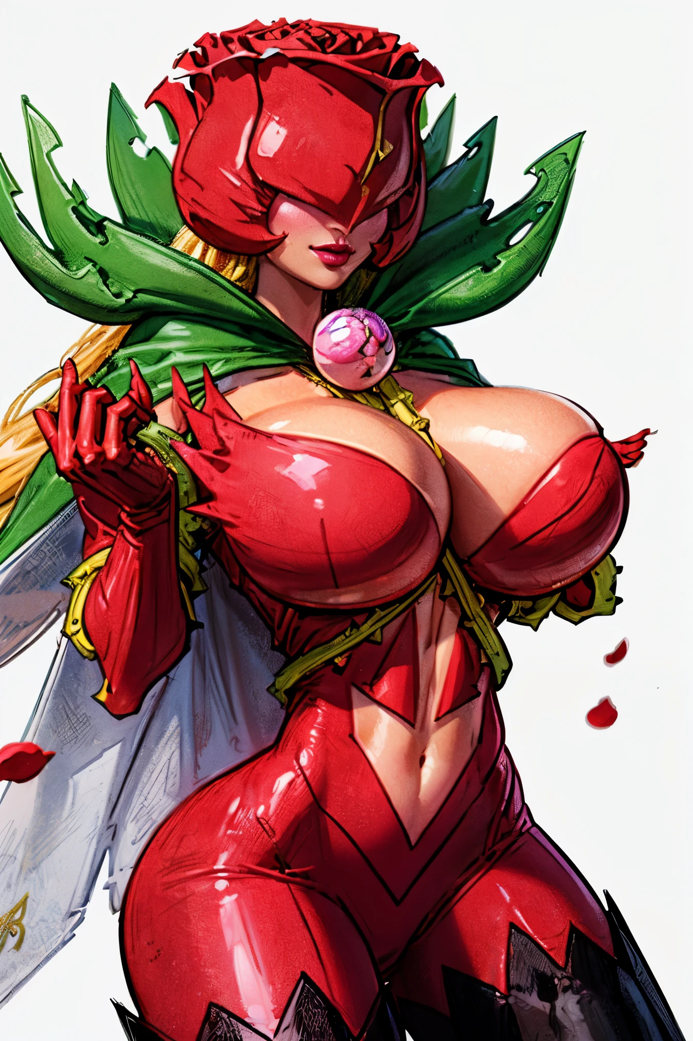 ANIME_rosemon_yugiho_ownwaifu, www.ownwaifu.com, digimon \(creature\), breasts, long hair, ((gigantic breasts:1.5)), lipstick, navel, makeup, covered eyes, monster girl, helmet, plant girl, colored skin, thighhighs, cleavage, petals, elbow gloves, ((slendered abs:1.6)), navel cutout, red flower, red gloves, bodysuit, mask, thorns, cape, gloves, vines, rose, flower, plant, 1girl, solo, facing viewer, looking at viewer, upper body, smile