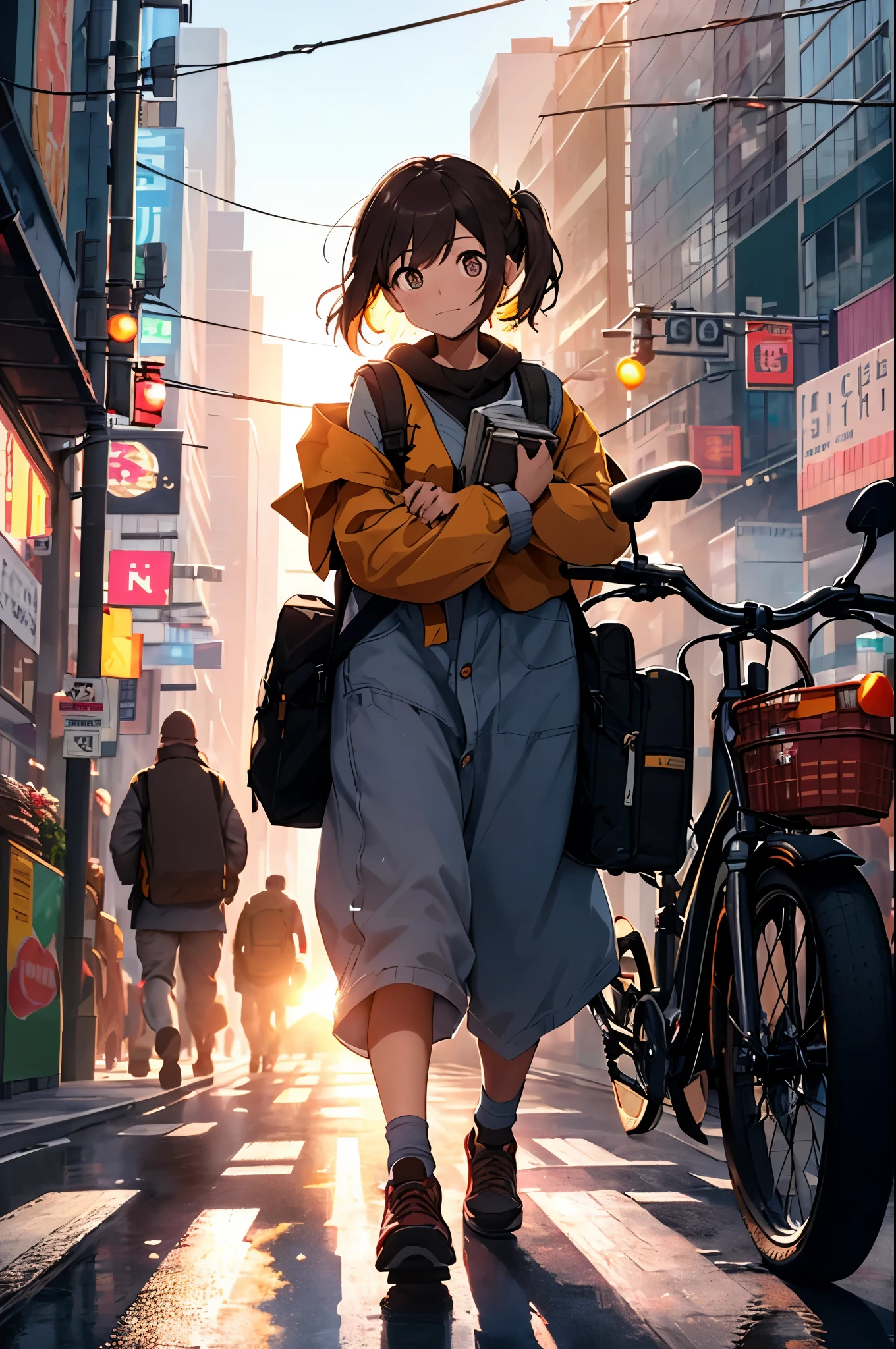 A bustling urban scene unfolds before the eye, filled with the hustle and bustle of everyday life. Amidst the chaos, a delivery girl makes her way through the crowded streets, a determined look on her face. Dressed in a practical uniform, she carries a large backpack slung over one shoulder, a brightly colored bicycle at her side. her shoes are sturdy and well-worn, each step she takes echoing through the bustling metropolis.

The sun (1:2) casts a warm golden light over the scene, highlighting the intricate details of the surroundings. The buildings rise up around her, their windows reflecting the vibrant colors of the city.