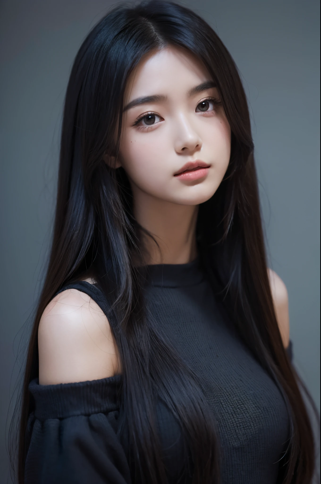 A woman with long black hair and a black top - SeaArt AI