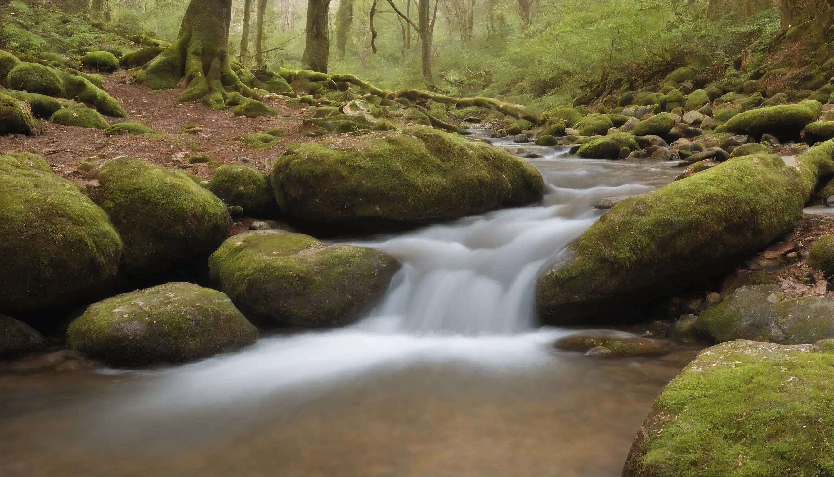 Having enjoyed my quiet respite in the sunny clearing, I decide to follow the wandering brook to see where its flowing waters may lead me. Rising from my cushion of moss, I head downstream, carefully hopping from stone to stone along the brook's grassy banks.