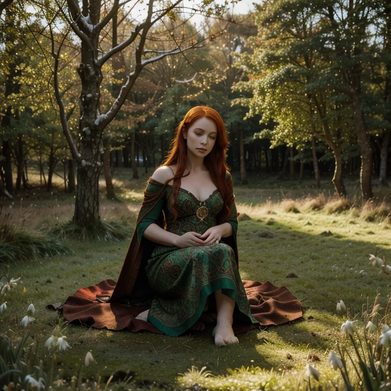 Beautiful firey red haired maiden , in a celtic winter woodland, she embodies the goddess Brigid, brigid's cross, lambs and calves are laying at her feet, snowdrop flowers, winter wheat, mist, magical