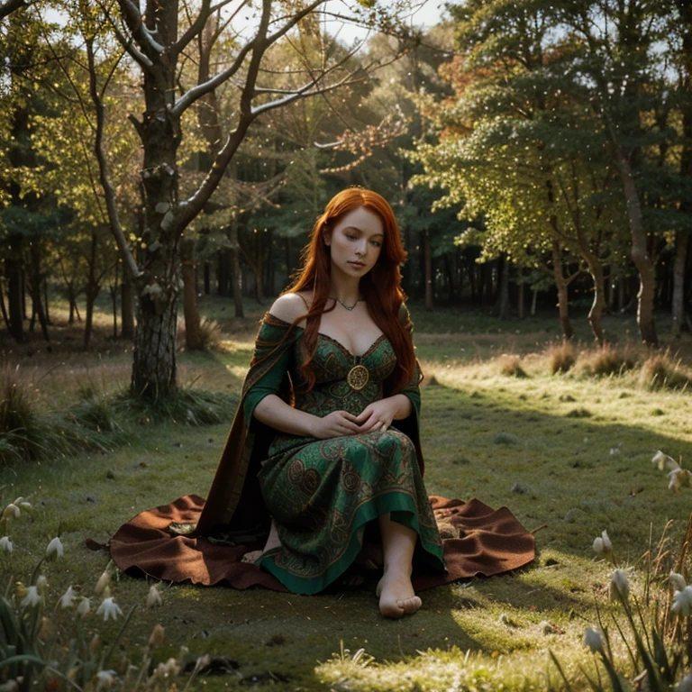Beautiful firey red haired maiden , in a celtic winter woodland, she embodies the goddess Brigid, brigid's cross, lambs and calves are laying at her feet, snowdrop flowers, winter wheat, mist, magical
