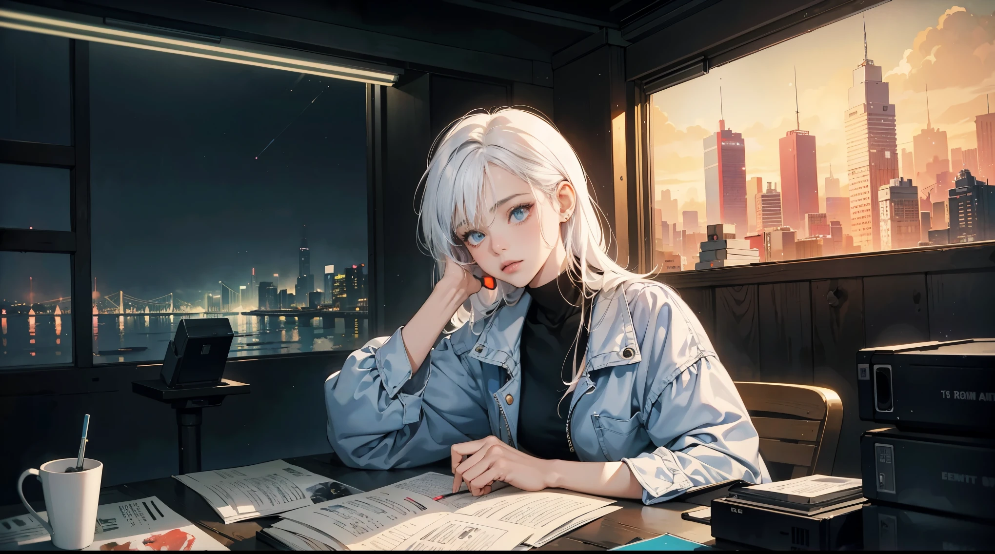 (commend), girl studying at table, white hair, read a book, Wearing earphones, night light, Neon landscape on rainy day, Simulates a color theme, Lo-fi hip-hop, flashback, flat lay, 2.5D , line art, ink painting, Large ink lines, watercolor, Gouache pigments, Studio Ghibli style, colorful, outerturn, Synthwave, Lofi Art, 90s style, Old textures, spacious, 90s atmosphere, masterpiece, Massive skills