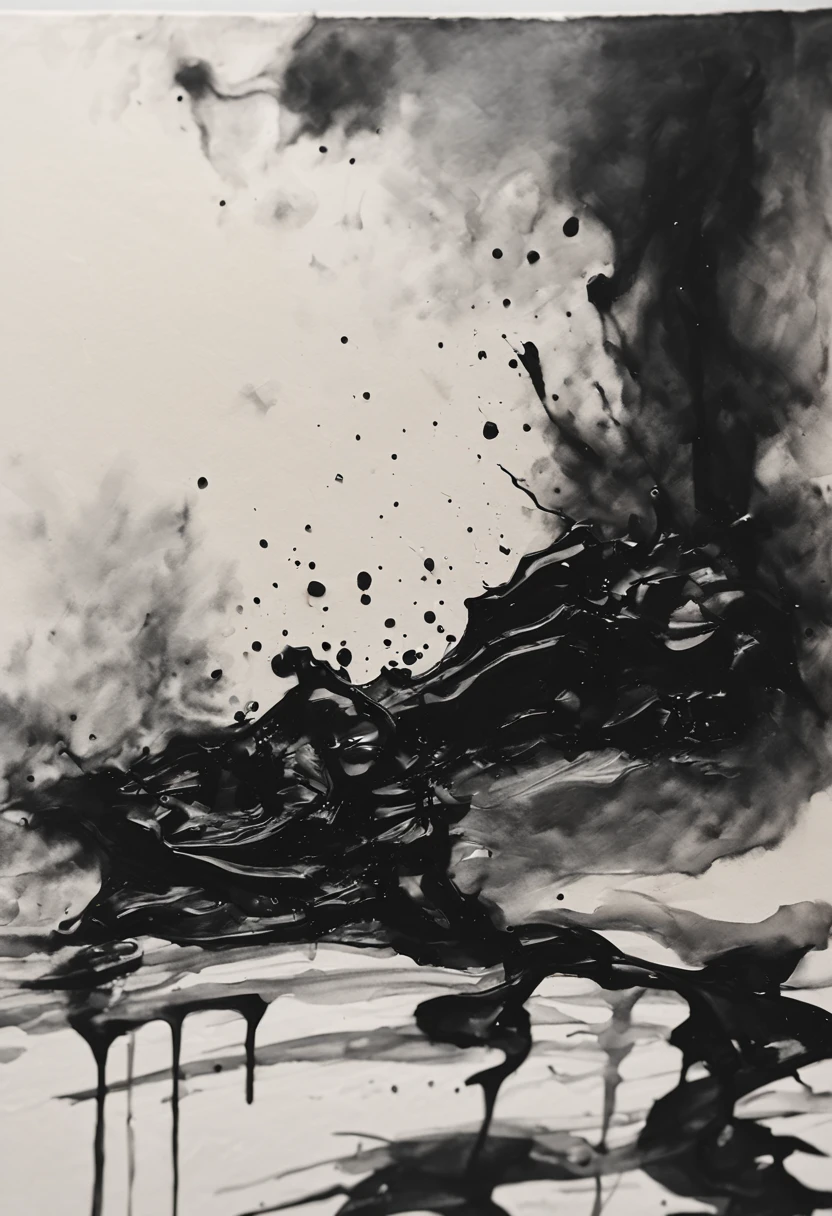 water colour painting of black oil spilled , messy painting, sketchy, black paint on white paper only, blurry, not clear