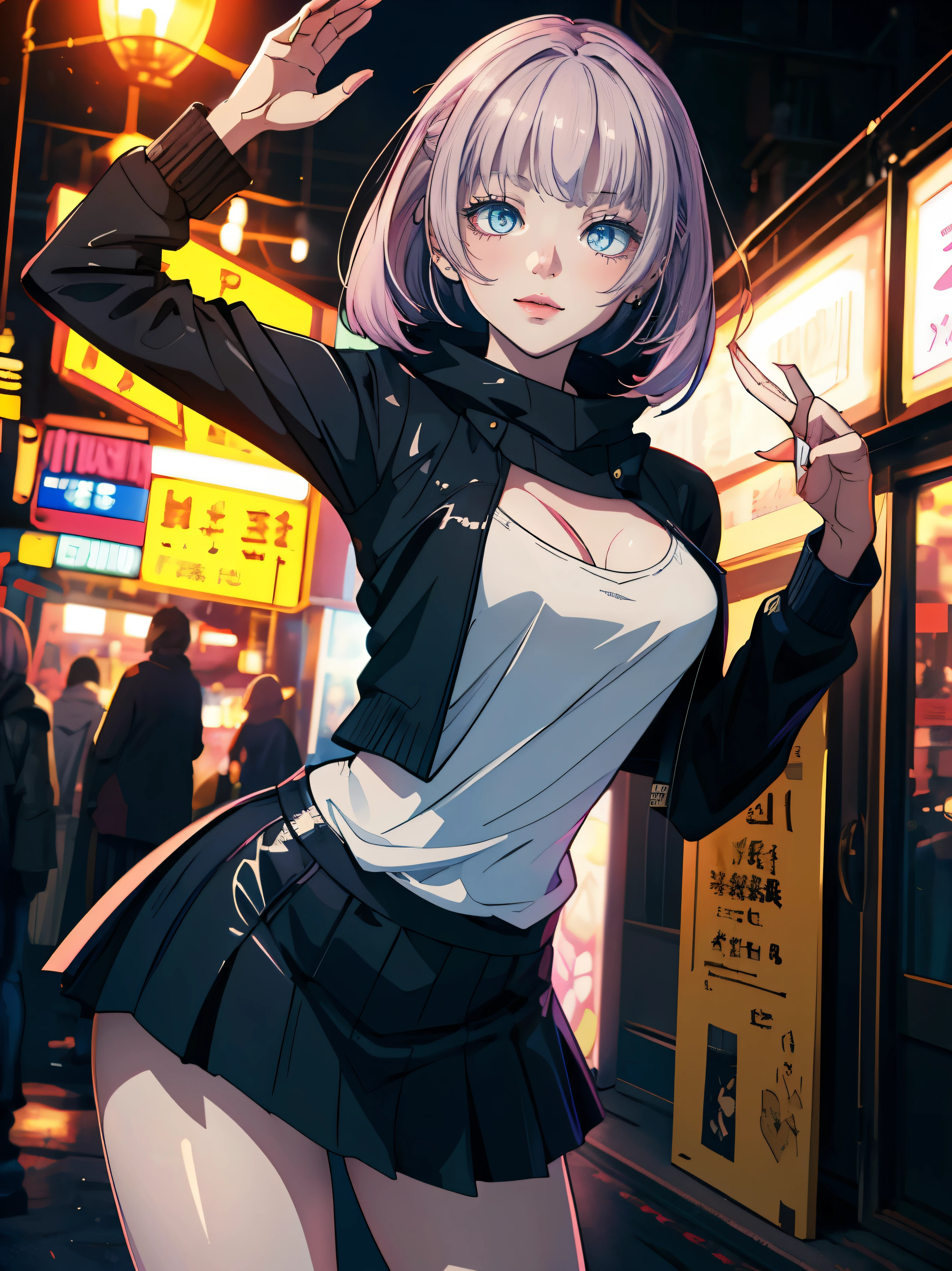 ((masterpiece)), (best quality),, official art, extremely detailed CG unity 8k wallpaper, highly detailed, shiny skin, Depth of field, vivid color,, 1girl, (curvy:1.0), (full body:0.8), girl wearing skirt or dress, sexy , portrait sophie mudd, casual pose, gorgeous young model, cute young woman, a beautiful -aged girl, very pretty model, young , cute young girl, beautiful young girl, beautiful model, shorter pink/purple hair, light hair, shiny hair, young and cute girl, girl, Nazuna Nanakusa, Call of the night, Nazuna Nanakusa anime, anime, looking at me, wild pose, sexy pose