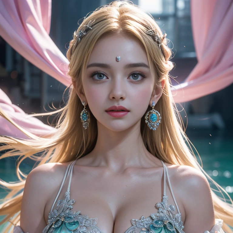 masterpiece,Highest image quality,Super details,best quality ,extremely delicate and beautiful, Very detailed,best quality, official art, Extremely detailed CG unified 8k wallpaper, Ana de Armas portrait photo, Blonde hair with black pupils,shiny skin, (beautiful eyes:1.1), beautiful skin, big watery eyes,(detailed lighting:1.2), (Beautiful and detailed light:1.3),The noble goddess wearing the holy dress of the sea,Intricate Poseidon Cloth Details,Gorgeous and complex hollow ultra-thin goddess dress,Beautiful udder, The most perfect breast shape,firm breast,Deep cleavage,Naked of breast,complex, digital drawing, Smooth, sharp focus, end of the world, epic reality, (high dynamic range:1.4), (pastel colors:1.4), Revelation,Bright colors, screen space refraction, (intricate details, Super detailed:1.3), art station, lens, complex background, buliding,Beautiful smile,The most beautiful look,Dreamcatcher earrings,The best look,beautiful goddess,