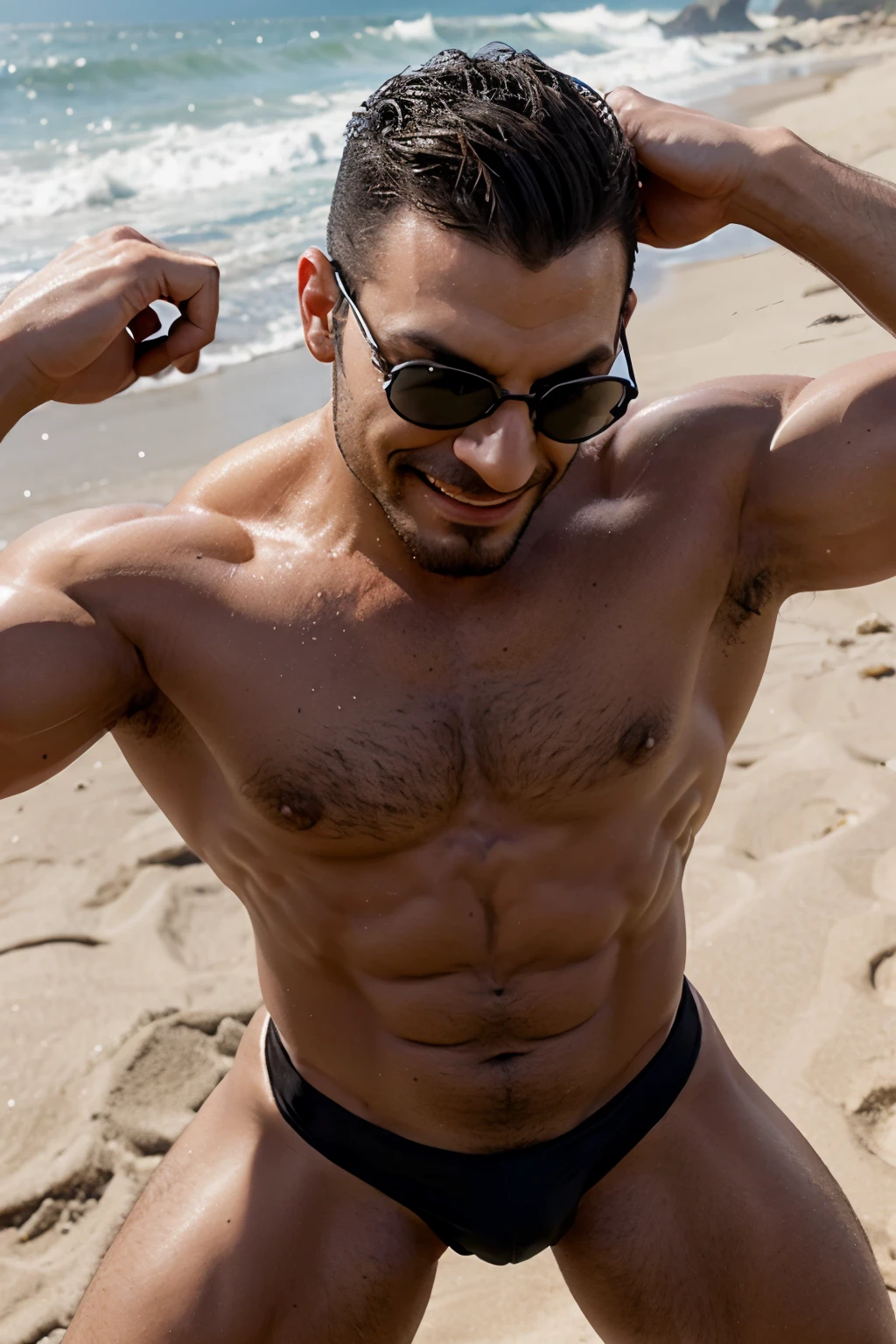 muscle austin aries smiling in shades, thick eyebrows, in tight shiny black speedos, manspred on the beach. hands over head. low angle picture
