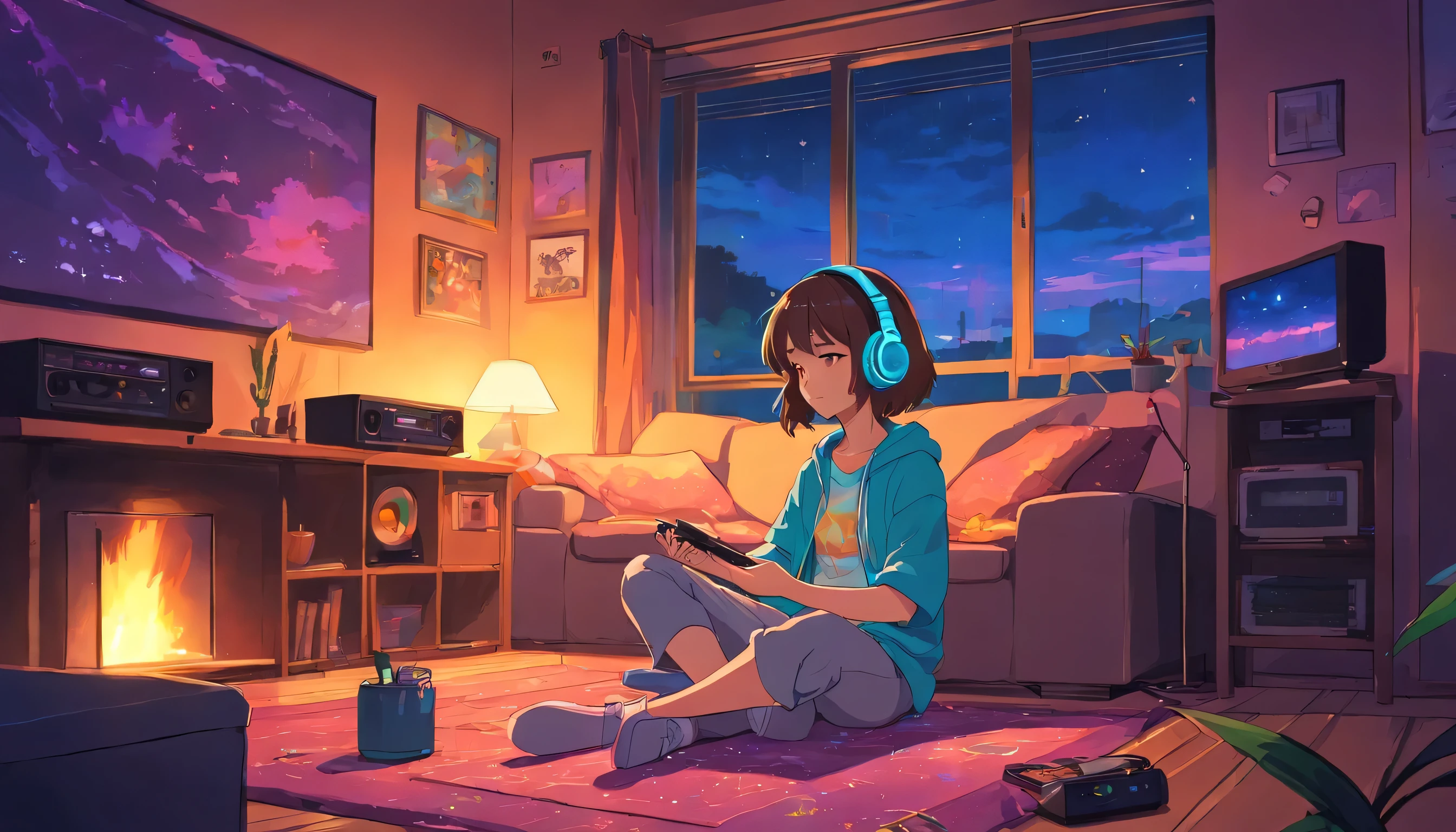 boy sitting listening to music in a cozy room at night, Usando fones de ouvido, Anime estilo 2D, Lo-fi, disco Rigido, Ambiente escuro,, cabelo marrom, olhos pretos, pele parda, -yeld chindo um pijama rosa no shopping European hippie girl meditating in her room, Dreaming, Wear headphones, night lights, Neon landscape on a rainy day, Analog Color Theme, Lo-Fi Hip Hop , Retrospective, Flat, 2.5D ,Draw a line, Ink drawing, Large gradient, Watercolor painting, Goosch color, Studio Ghibli style, Awesome colorful, Outer Ton, Krautlock, lofi art, 70s style,Old textures, amplitude,Psychedelic atmosphere, masutepiece, Incredible technology,Girl listening to music in cozy room at night, Use headphones, 2D style anime, lo fi, hard disk, dark environment