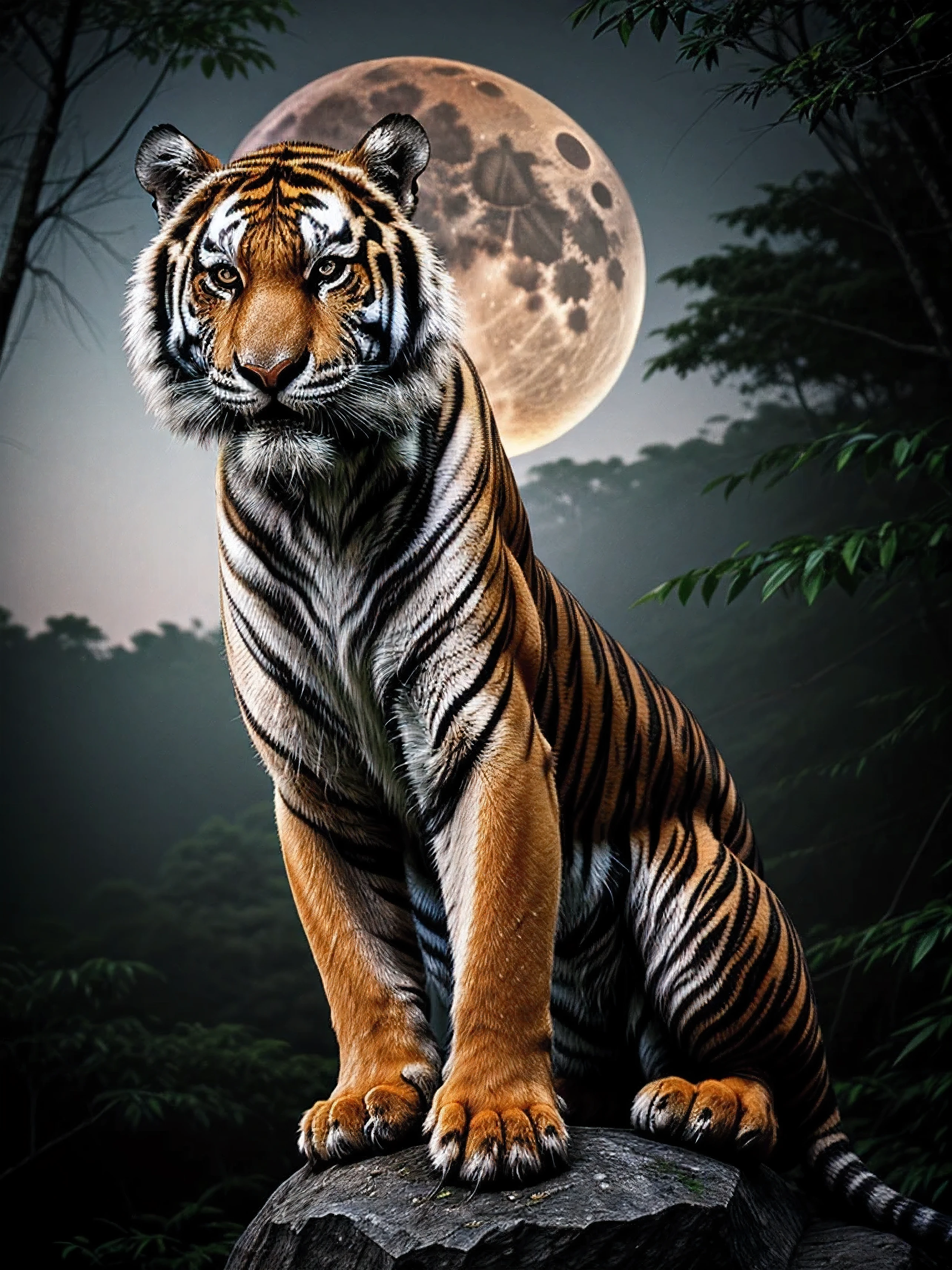 Subject: A majestic tiger
Detailed Imagery: The tiger is standing on a rock, looking out into the jungle. Its fur is sleek and shiny, with black stripes that stand out against its orange coat. Its eyes are bright and alert.
Environment Description: The tiger is in a dense jungle, with tall trees and thick underbrush all around. The moon is full and bright, casting a pale light over everything.
Mood/Atmosphere: The mood is mysterious and a little bit eerie, with the tiger appearing both powerful and vulnerable at the same time.
Artistic Style: The style is realistic, with a focus on capturing the details of the tiger's fur and the jungle environment.
Style Execution: The style should be executed with a high level of detail and realism, with a focus on capturing the textures and lighting of the scene.
Fine-Tuning Your Image Outputs: Adjust the brightness and contrast to create a moody, atmospheric effect.
