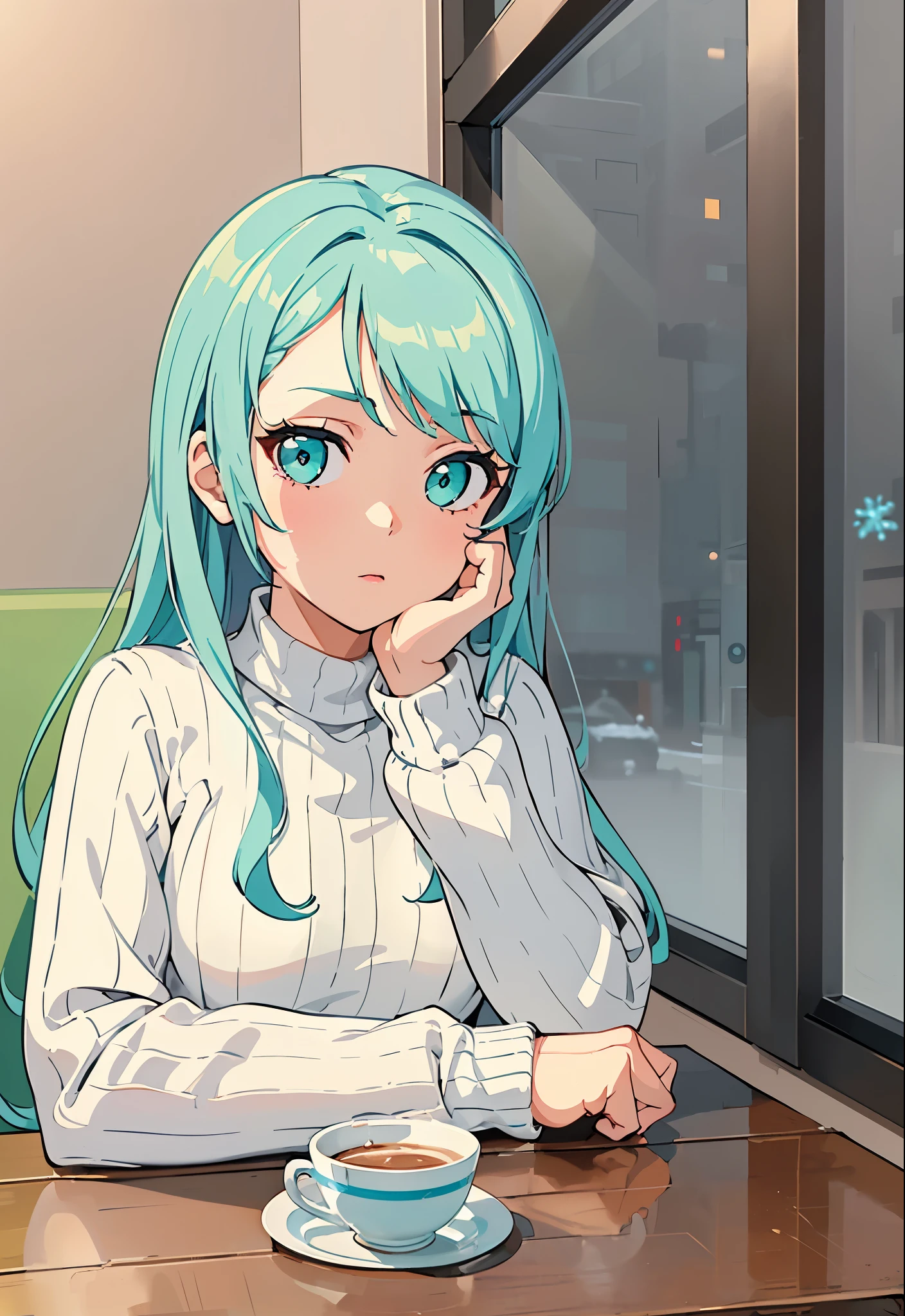 (masterpiece:1.2, best quality), (1girl, solo), (small breasts:1.2) perfect face, (skindentation), turquoise hairs, cyan eyes, (A girl sitting in cafe, white sweater), (winter night:1.2), sitting near windows