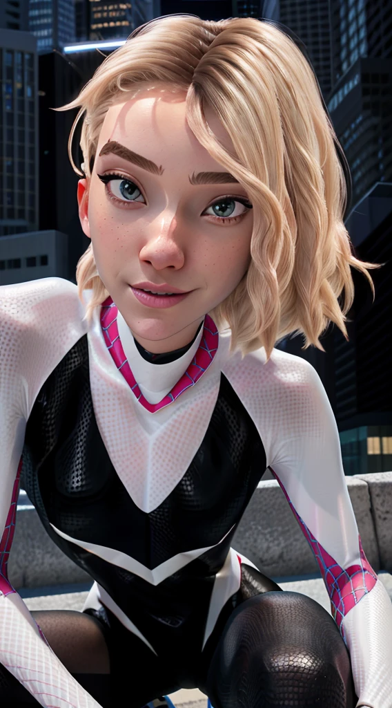 (Masterpiece), ((Best quality)), parted lip, Light_Smile, Cinematic lighting, Ultra-realistic, ((Realistic)), (gwen stacy), Blonde_Hair, short_Hair, Solo, side cut, asymmetrical_Hair, parted_Lips, eyebrow_Piercing, (Detailed face), Aesthetics 1 girl, Look pitifully at the audience, (Beautiful detailed eyes), tightsuit, spider-suit, White sweater, Portrait, full bodyesbian, (side of head shaved),  Kneeling, posed for photo, spread their legs, Thin legs, Bokeh, Depth of field, intricately detailed background, En plein air, skyscrapper, (Night:1.6), NSFW, photo-realistic, a Pretty Japanese woman, (Perfect detailed face), Detailed eyes, Detailed mouth, Detailed pale skin, Black hair, Fascinating, Seductive, Alluring, Mature face, bangs，from below