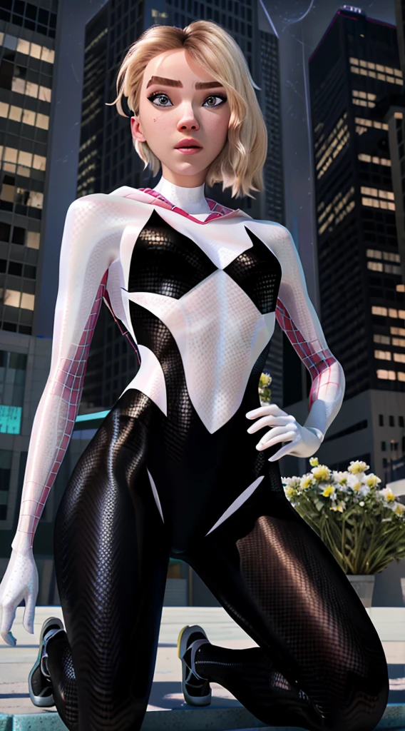 Aranha Fantasma, Gwen roupa de Simbionte Venom, preta com aranha no centro de seu peito em branco, organic-looking clothing, testa gooey, Simbionte, olhos brancos, belas artes, PS5 cinematic screenshot, Highly detailed cinematic rendering, no mask on. raytricing ultra fotorrealista |, with cinematic lighting