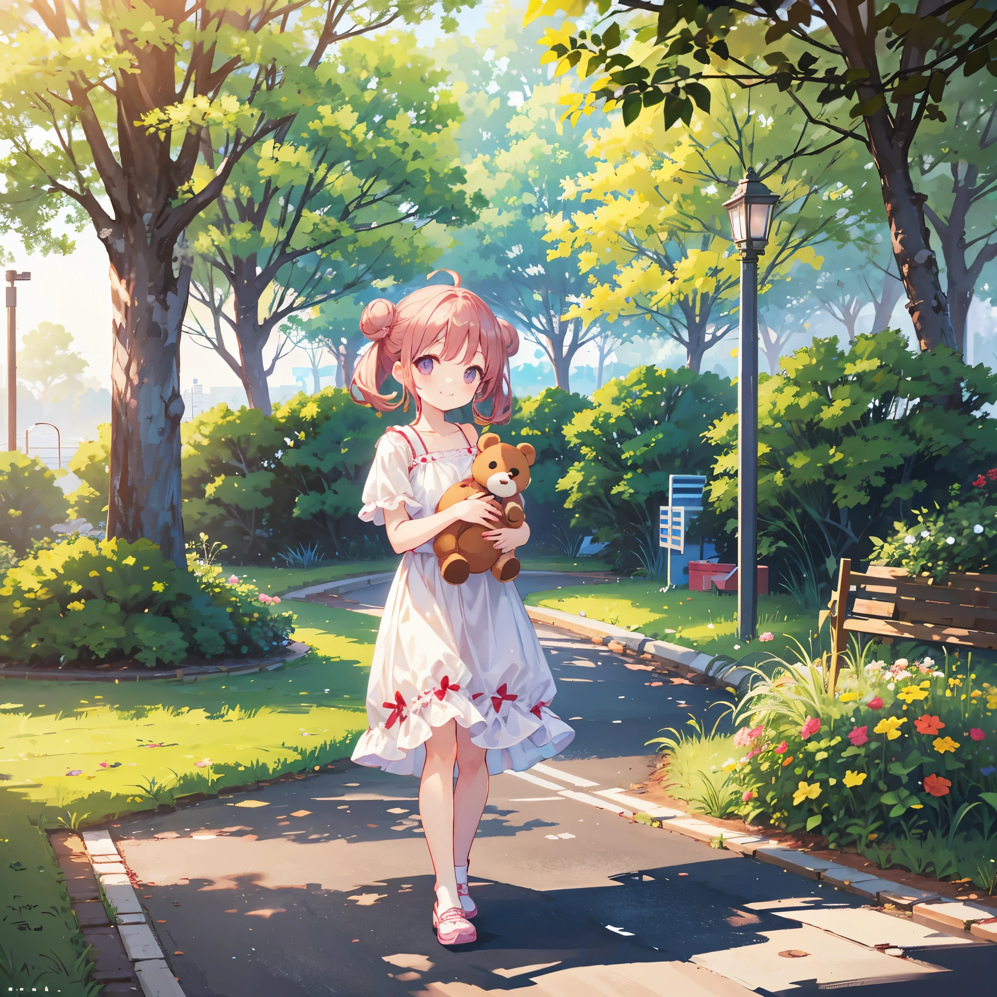 Photoreal、octane render、Morning park、Chibi girl walking with a stuffed bear、girl has bun hair、smile