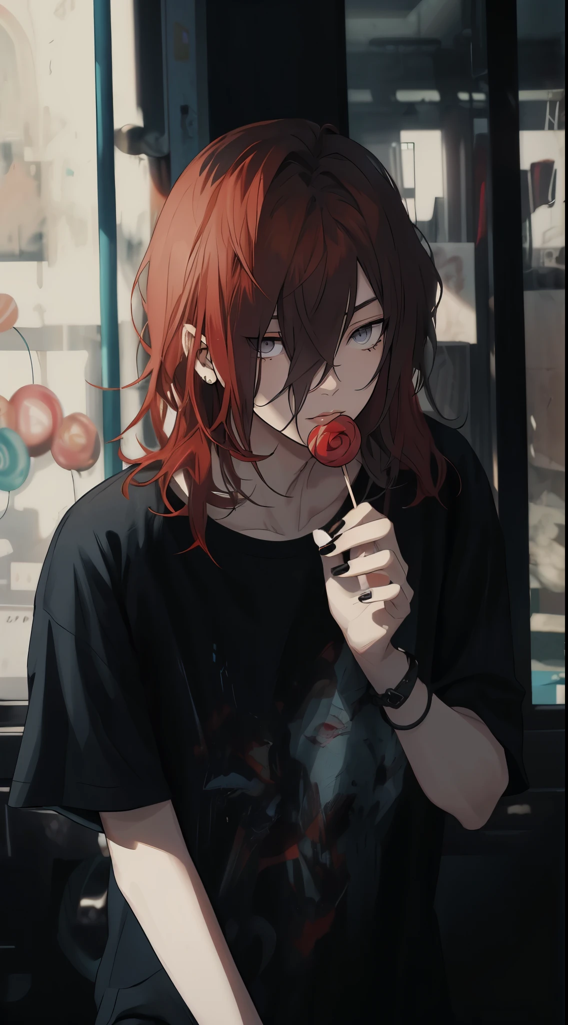 ((gray eyes)),closed mouth, beautiful eyes, Eyes like jewels, thick lips, Beautiful young man, red hair, shoulder length hair, slit eyes, lollipop, black casual clothes, monotone room,high quality, amount of drawing, pixiv illustration