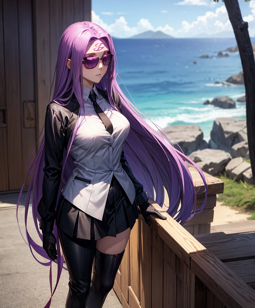 best quality,masterpiece,high resolution,only,{black business suit:1.40},{tie:1.20},{sunglasses:1.25},{white gloves:1.15},{ white shirt:1.10}, {black skirt:1.15}, {smoking:1.20}, handsome, {medusa_fgo:1.15}, long_hair, purple_hair, very_long_hair, purple_eyes, breasts, big_breasts