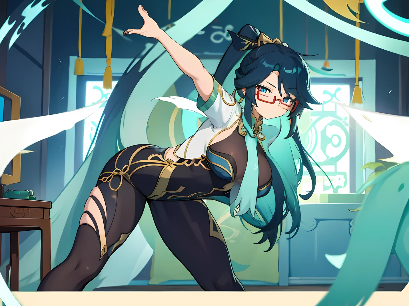 xianyun from genshin impact, wearing glasses, bent down pose like a yoga model, in a room. high quality iamge, thin outline, clean noise image.