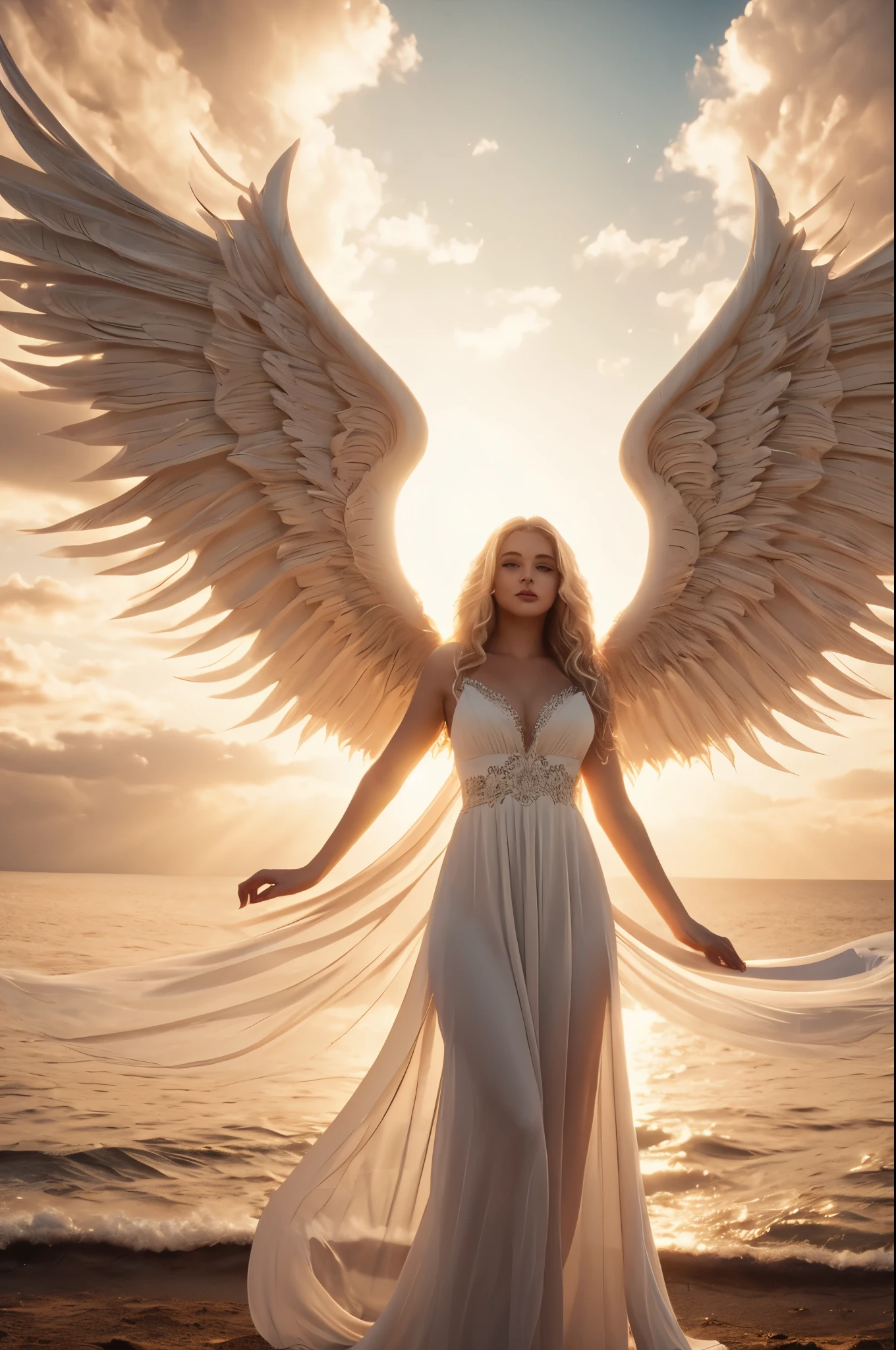 LOVELY WINGED WOMAN, FEMALE ANGEL, WHITE PAIR OF HUGE WINGS, ROMANTIC LONG WHITE DRESS, HUGE LONG BLONDE CURLY HAIR, PALE SOFT SKIN, ROSY CHEEKS, FULL BODY VIEW, FRONT PERSPECTIVE, SKY, CLOUDS, DAYLIGHTS, SUNSET, MASTERPIECE