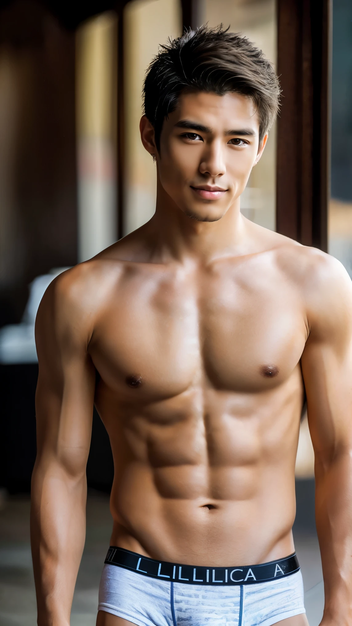 Real life skin, Real-Photography, This photorealistic portrait combines the style of National Geographic., Capture every detail of his textured skin in 8k resolution. Leica digital SLR. A Lao handsome guy super model 40 years old with his gentle smile, slightly muscular man, full body posing, wear a sexy tight briefs, sexy briefs, tight, His features were clearly visible., From the deep-set eyes., Make this image a true masterpiece. full-length, (8K UHD、RAW Photography、Photorealistic Portrait Leica Digital SLR、Lifelike images