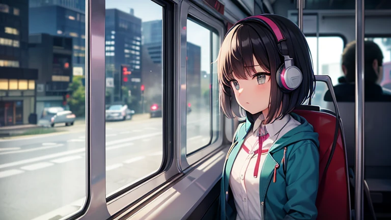 the girl is wearing a  and a headphones, the bus window is foggy, there is the city outside the foggy window