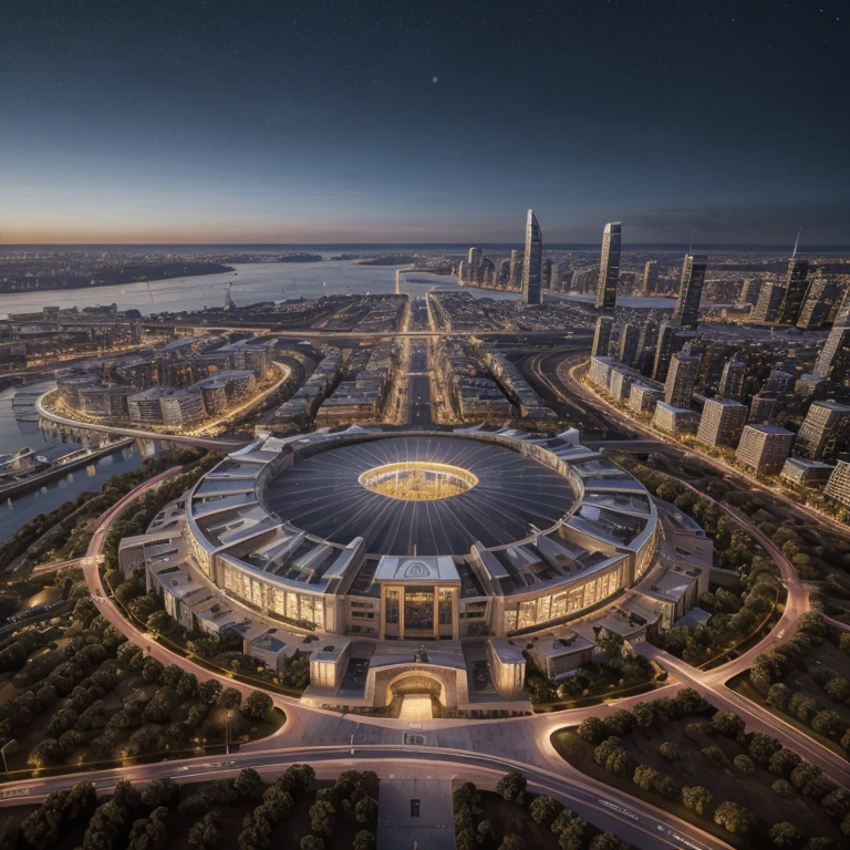 master piece, best quality, 8k, ultra-detailed, realistic,
professional lighting, realistic shadow, fine details, Golden ratio, high detail, Photorealism,
night, night view, beautiful light up,
town by the sea, multiple skyscrapers, future,
Stylish, beautiful starry sky, beautiful planet in the sky,
huge stadium, rocky island,
originality