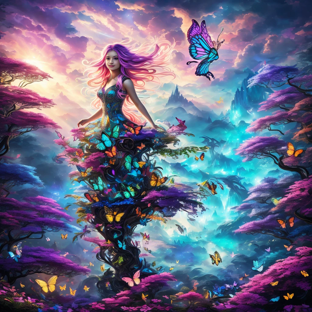 I. A girl with rainbow hair, wearing a flowing dress, surrounded by colorful butterflies,
II. emerging from a mystical forest filled with vibrant flowers and magical creatures,
III. against a backdrop of shimmering stars and a mesmerizing nebula. 
Medium: Highly-detailed digital illustration, with a touch of surrealism and fantasy elements.
Additional details: The girl has piercing blue eyes and a mischievous smile, her hair flowing like a cascade of colors. The butterflies are luminescent and seem to be flying in a spiral pattern around her. The forest trees are twisted and gnarled, with leaves of various shapes and shades. The flowers emit a soft glow and have hypnotic patterns. The magical creatures include ethereal fairies, elegant unicorns, and mischievous dragons. The stars twinkle in different colors, creating a sense of enchantment. The nebula adds a sense of cosmic wonder with its vibrant hues of purples, pinks, and blues.
Image quality: (best quality, highres, vivid colors, ultra-detailed), with extreme attention to fine details.
Art style: Enchanting fantasy with a touch of surrealism.
Color palette: Vibrant and multidimensional, with a focus on rainbow hues and iridescent shades.
Lighting: Soft, diffused lighting with gentle rays of moonlight illuminating the scene, adding a touch of magic and mystery.