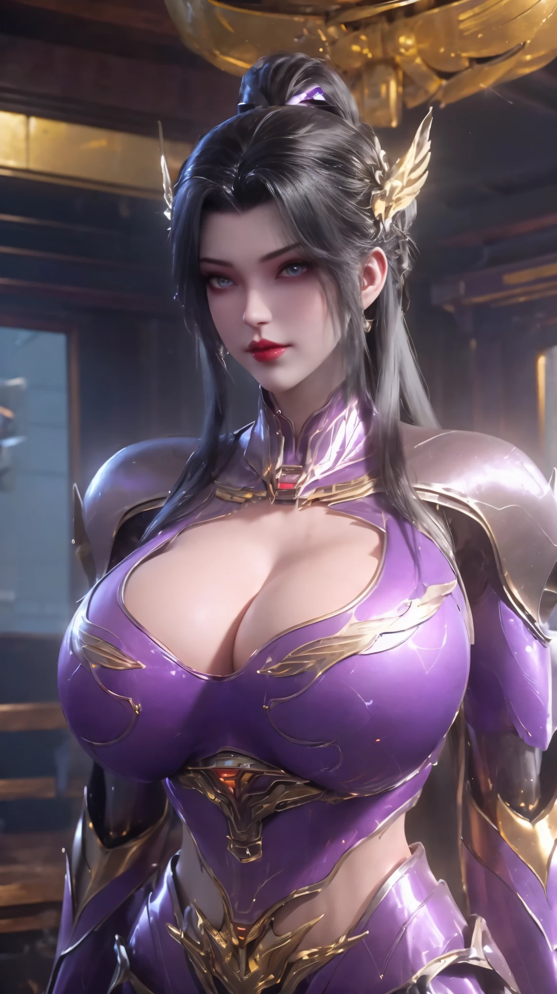 UPPER BODY,SOLO,(PHOENIX GOLD HELM), (GIGANTIC FAKE BREAST,CLEAVAGE,MUSCLE ABS:1.5), (PURPLE SHINY SCI-FI MECHA CROP TOP:1.5), (BLACK MECHA SKINTIGHT LEGGINGS:1),(SLENDER BODY MATURE WOMAN), SWEATY BUSTY BODY, (LOOKING AT VIEWER:1.3),(PORTRAIT:0.8),(HALLROOM OF FUTURISTIC SPACE STATION:1), (PHOTOREALSITIC:1.4), (ULTRA-DETAILLIERT), (TOP-QUALITY), (BEST SHADOWS), (​MASTERPIECE), BRIGHT LIGHT IN ROOM, HYPER TEXTURE, (4X MSAA), ((UNREAL ENGINE 5 RENDER)), PHYSICALLY-BASED RENDERING, ULTRA HIGHT DEFINITION, 16K, 1080P.