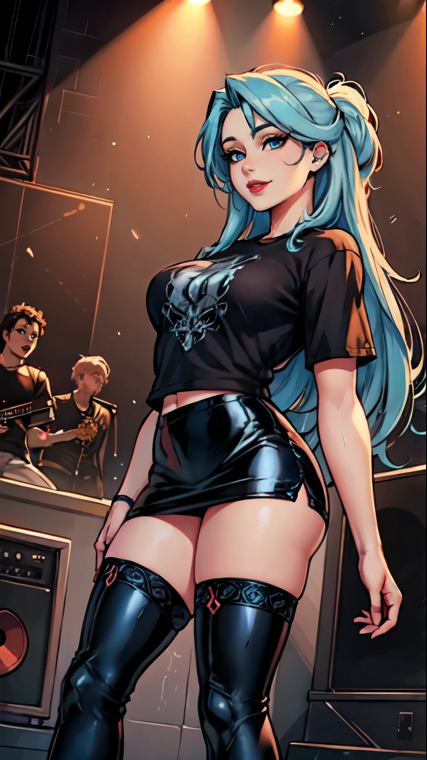 Masterpiece, raw, beautiful art, professional artist, 8k, art style by sciamano240, very detailed face, very detailed hair, 1 woman, perfectly drawn body, beautiful face, long hair, light blue hair , very detailed blue eyes , rosey cheeks, intricate details in eyes, playful smile, looking directly at viewer , in love with viewer expression, lipstick, wearing rock clothes, black t shirt, short pencil skirt, thigh boots, on stage, standing playing electric guitar, concert setting, very close up on face,