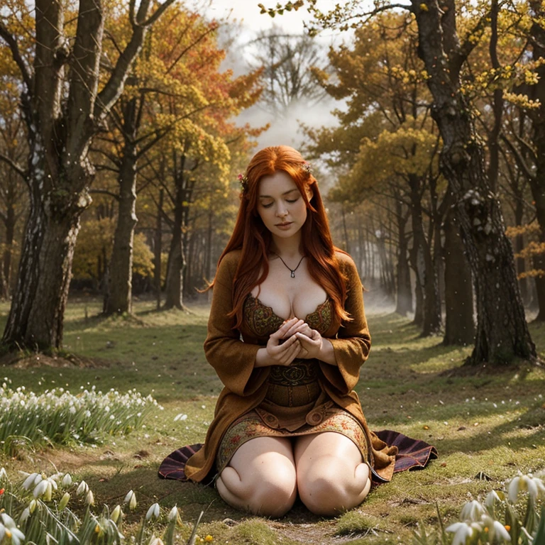 Beautiful firey red haired maiden , in a celtic winter woodland, she embodies the goddess Brigid, brigid's cross, lambs and calves are laying at her feet, snowdrop flowers, winter wheat, mist, magical