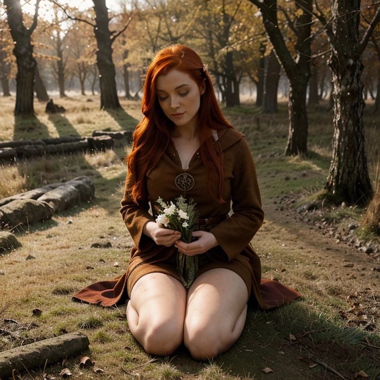 Beautiful firey red haired maiden , in a celtic winter woodland, she embodies the goddess Brigid, brigid's cross, lambs and calves are laying at her feet, snowdrop flowers, winter wheat, mist, magical