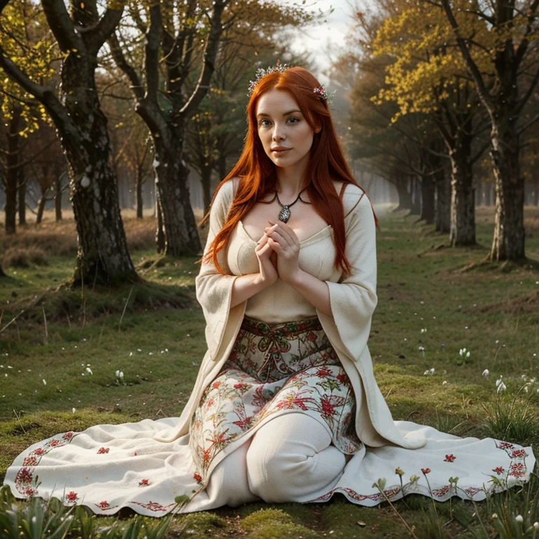 Beautiful firey red haired maiden , in a celtic winter woodland, she embodies the goddess Brigid, brigid's cross, lambs and calves are laying at her feet, snowdrop flowers, winter wheat, mist, magical