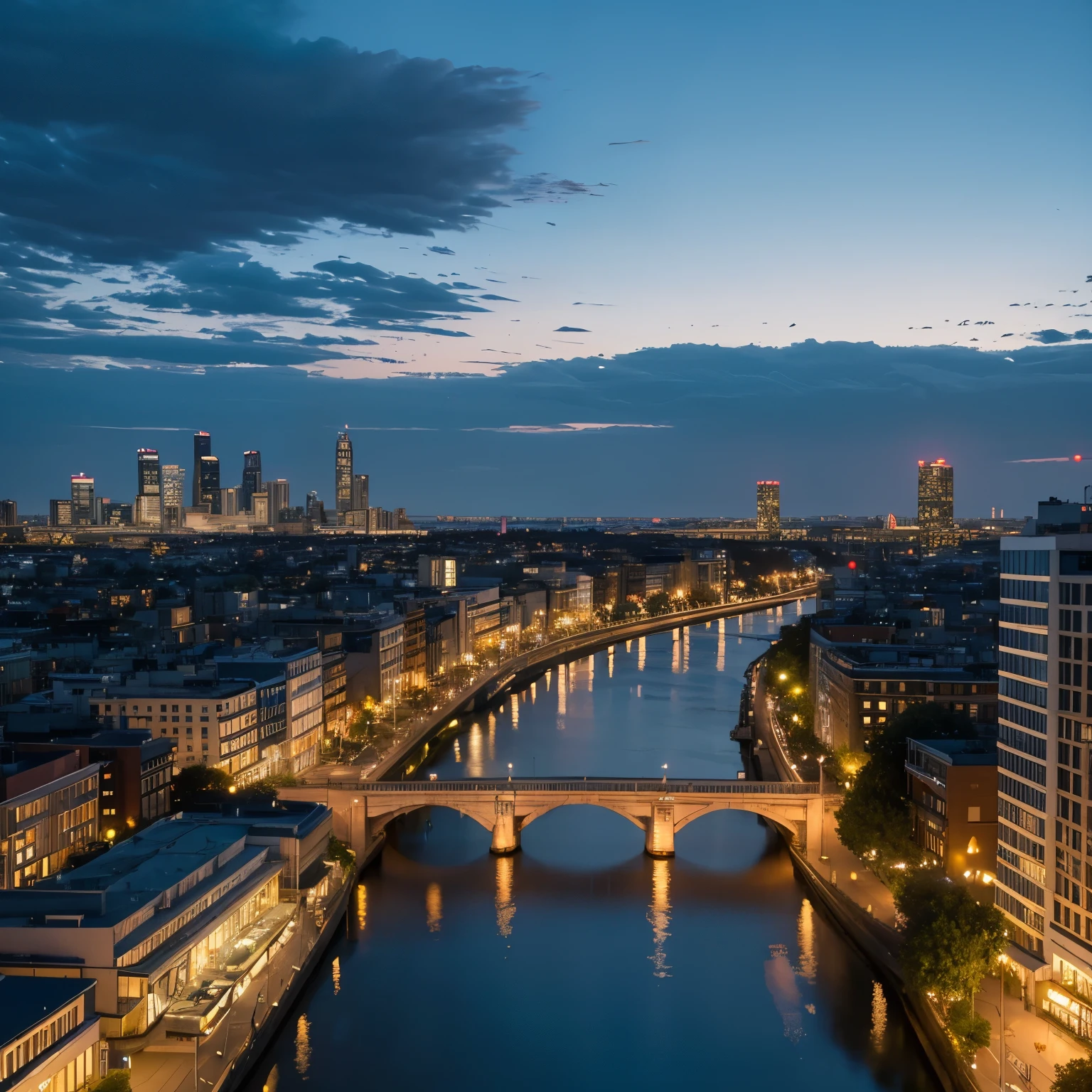 arafed view of a city at dusk wit ha river running through it, a pi ct ure by Alexander Bogen, shut terstock, realism, photography shot at blue hour, city sunset ni ght, city twilight landscape, vist a of a city at sunset, twilight cit y on the background, golden an d blue hour, at dusk at golden h our, twilight in the city, blue hour