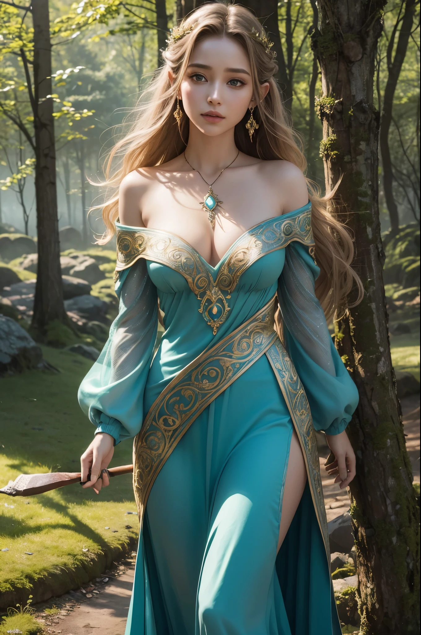 (best quality,highres,masterpiece:1.2),ultra-detailed,(realistic,photorealistic,photo-realistic:1.37),stunningly beautiful,extraordinary,20-year-old female mage,enchanting earth mage,goddess dress that flows gracefully,flowing hair that cascades down,long legs that seem to go on forever,hourglass figure that exudes confidence,mesmerizing eyes that glow with magical power,ears adorned with intricate elven earrings,radiant skin that emanates a subtle ethereal glow,her every step leaves a trail of wisps of earthy magic,battle-ready staff adorned with mystical crystals,the earth element swirls around her forming a protective barrier,powerful spells being summoned with precision and grace,casting spells that shape the very landscape,colors that blend seamlessly into a harmonious,earth-toned palette,every detail meticulously crafted with masterful strokes,vivid and vibrant hues creating a magical ambiance,illuminated by soft, warm sunlight that filters through trees,her presence evokes a sense of awe and reverence,everyone around her is captivated by her otherworldly beauty,creating a sense of tranquility and wonder aroud her,the atmosphere filled with a sense of anticipation and mystery.