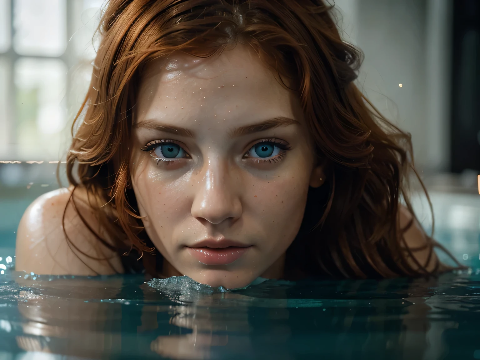 european woman, ginger hair, eyes blue,natural skin texture, 24mm, 4k textures, soft cinematic light, RAW photo, photorealism, photorealistic, intricate, elegant, highly detailed, ((((cinematic look)))), soothing tones, insane details, intricate details, hyperdetailed, low contrast, soft cinematic light, ice water, pool