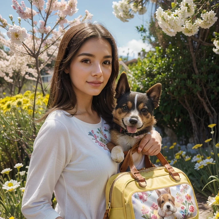 Una muy adorable con una mochila y su lindo cachorro disfrutando de un hermoso paseo primaveral rodeado de hermosas flores amarillas y naturaleza.. The illustration is a high-definition illustration in 4K resolution with highly detailed facial features and cartoon-style visuals..