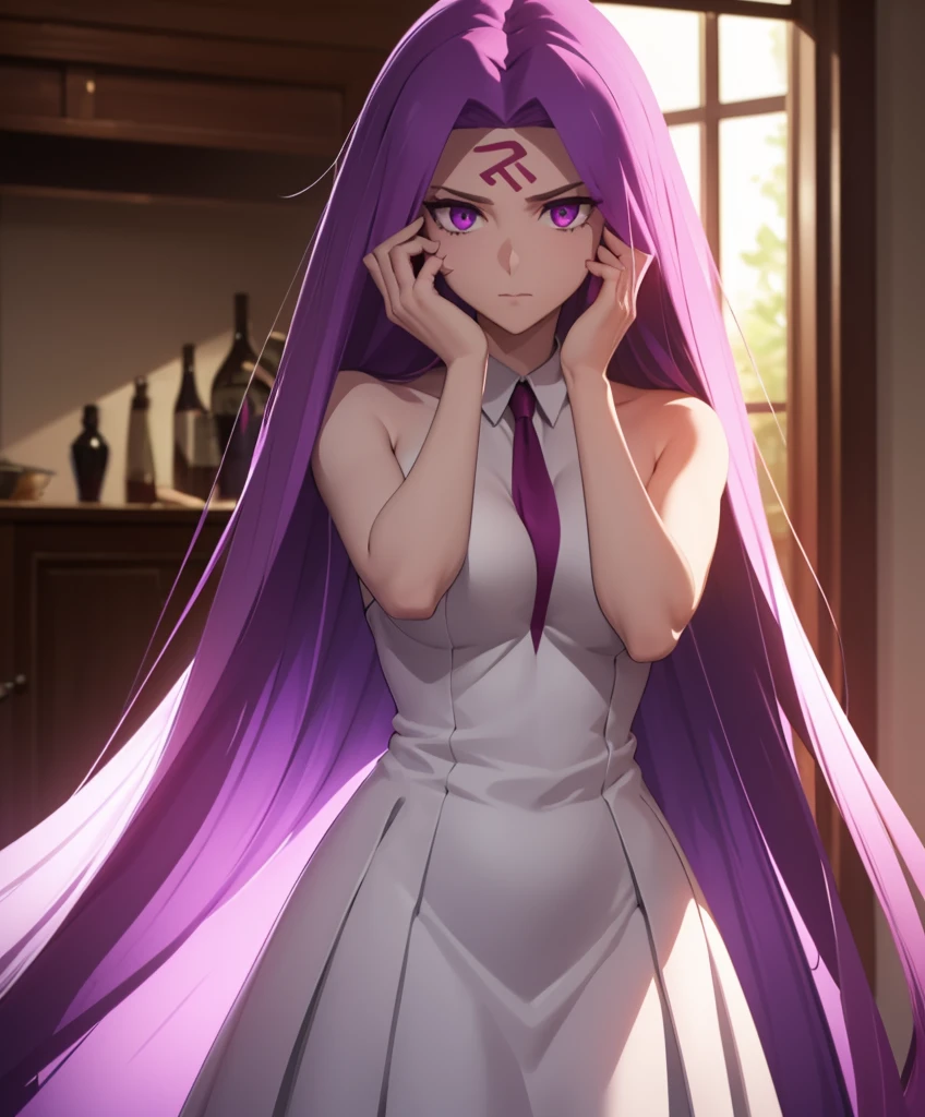 Best quality,Masterpiece,high resolution,Only,{short wedding dress:1.40},{tie:1.20},handsome,{Medusa_FGO:1.15},long_hair,purple_hair,very_long_hair,purple_eyes,breasts,Big_breasts