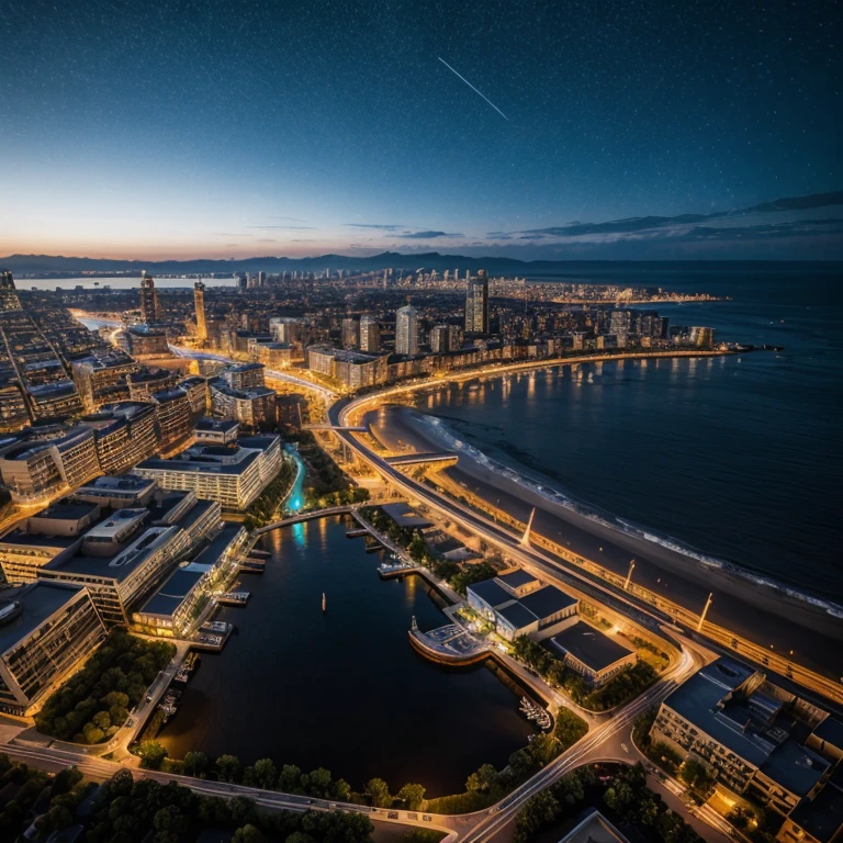 master piece, best quality, 8k, ultra-detailed, realistic,
professional lighting, realistic shadow, fine details, Golden ratio, high detail, Photorealism,
night, night view, beautiful light up,
town by the sea, multiple skyscrapers, future, 
Stylish,  beautiful starry sky, beautiful planet in the sky, 
huge stadium, rocky island, Landmark,
originality