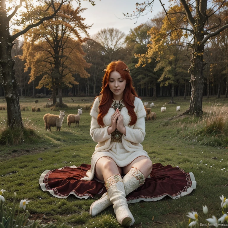 Beautiful firey red haired maiden , in a celtic winter woodland, she embodies the goddess Brigid, brigid's cross, lambs and calves are laying at her feet, snowdrop flowers, winter wheat, mist, magical