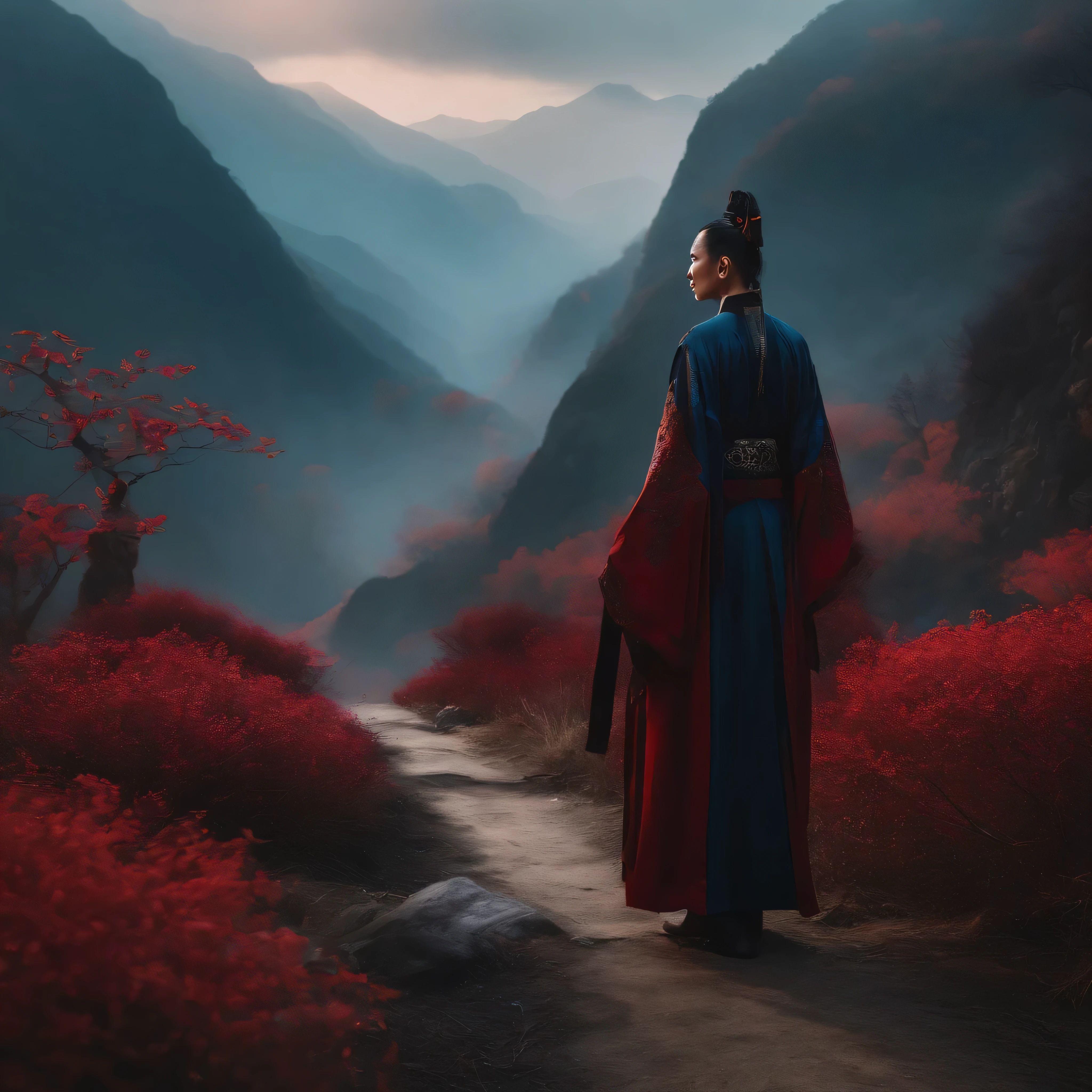 cyberpunk character,Taoist clothing,cultivation of immortals,water ink,High hills,self-confident,Wind Road Magic Bone,Blood flow in the background