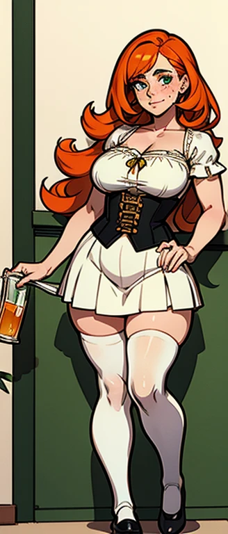 freckles, beautiful, masterpiece, st-patricks day, full body image, cel shaded, black outlines, holding beer jug,hourglass figure, orange hair, plump breasts, plump hips, plump thighs, irish, large eyes, green pupils, curly hair, rounded hair, long hair, orange eyebrows, nose, thick eyelashes, bare shoulders, white 1800's top, white skirt, green corset with yellow string, white socks, black ballet shoes, eggshell white high socks, white thigh high stockings, freckles