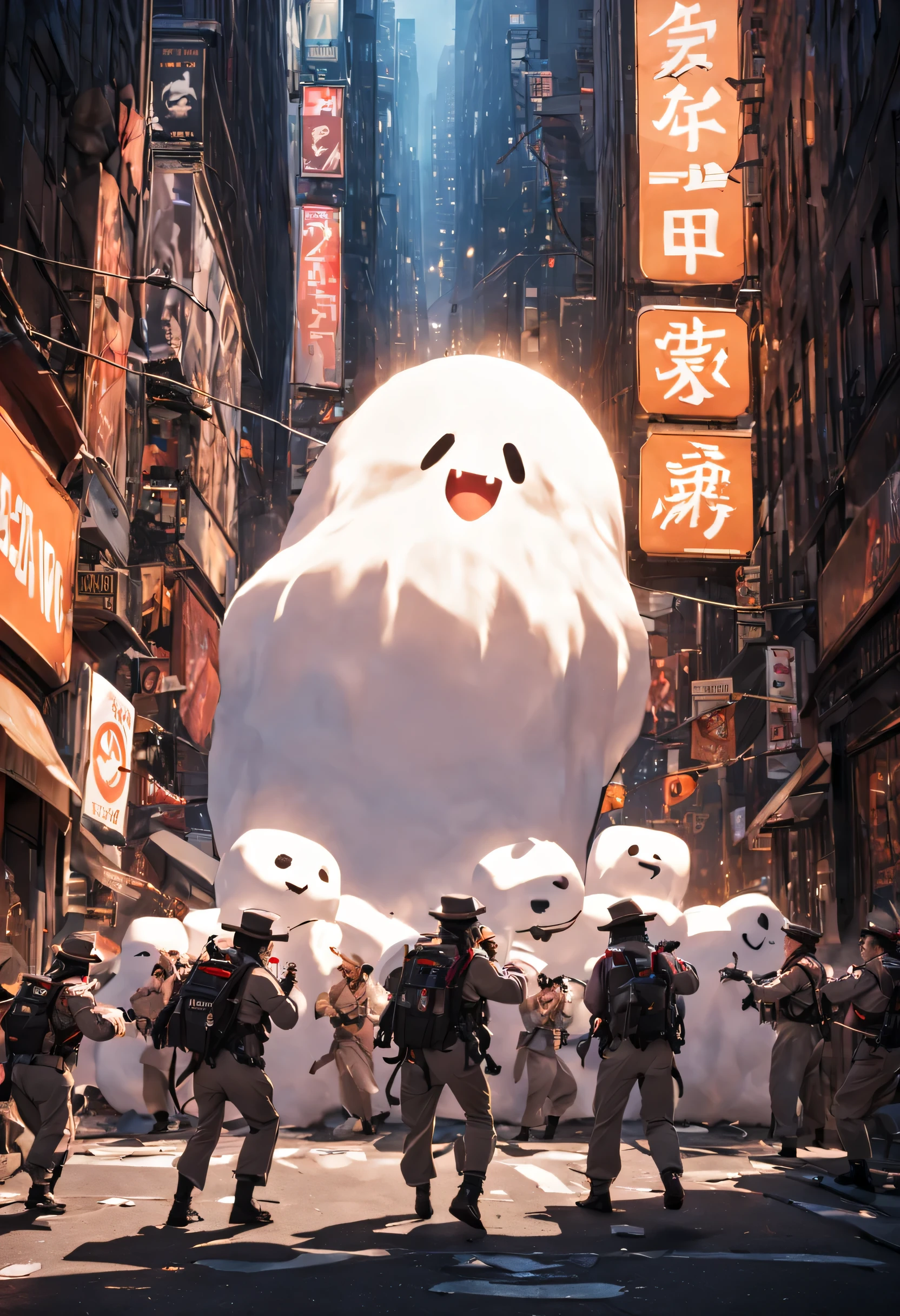 Action frame of the ghostbusters fighting a great ghost made of marshmallow and sailor's hat in the streets of New York, the scene is cinematic, the city is incredibly detailed, the lights and shadows are of high quality.