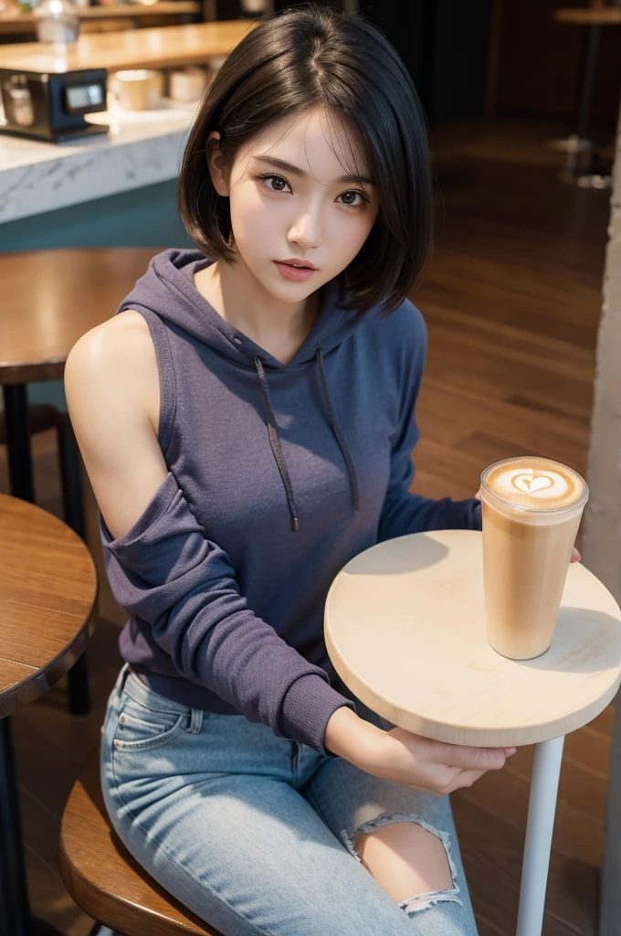 (realistic、High resolution:1.3)、1 girl with perfect figure、super thin face and eyes、short hair、hoodie:1 in random color.2、wearing short jeans pants、at the cafe、coffee on the table