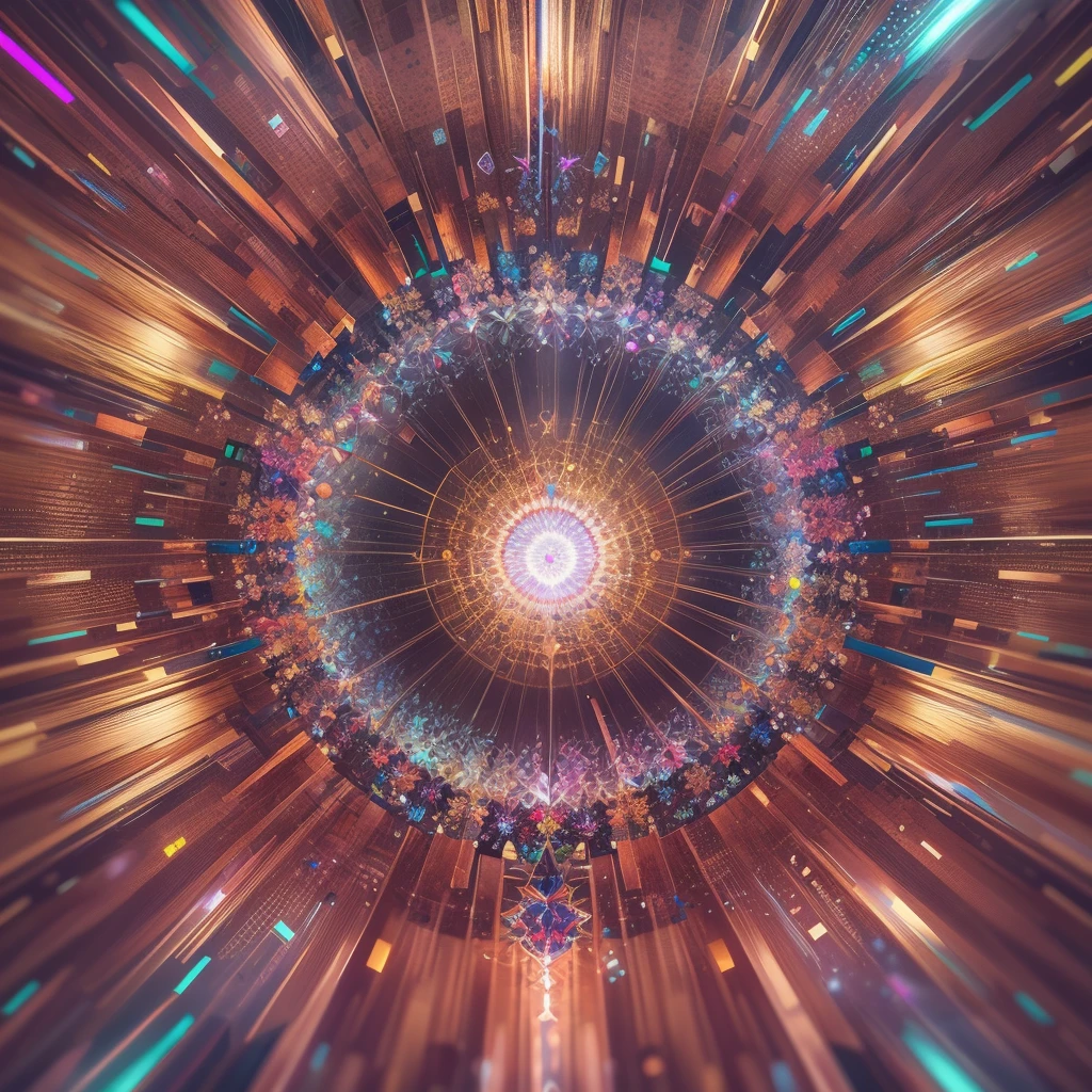 (highest quality,8K,High resolution),super detailed, realistic、3D、psychedelic, visual illusion、Crystal of light floating in the center、Vortex of Light