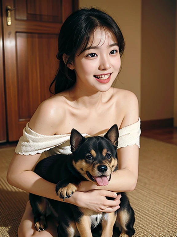 highest quality, masterpiece, Super high resolution, Photoreal, 1 girl, off shoulder, laughter、Holding a puppy、dog play